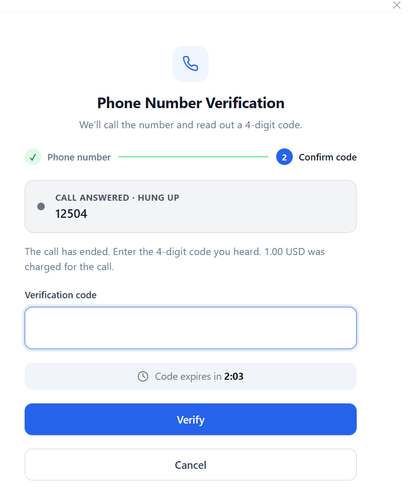 Phone Number Verification window for entering the verification code