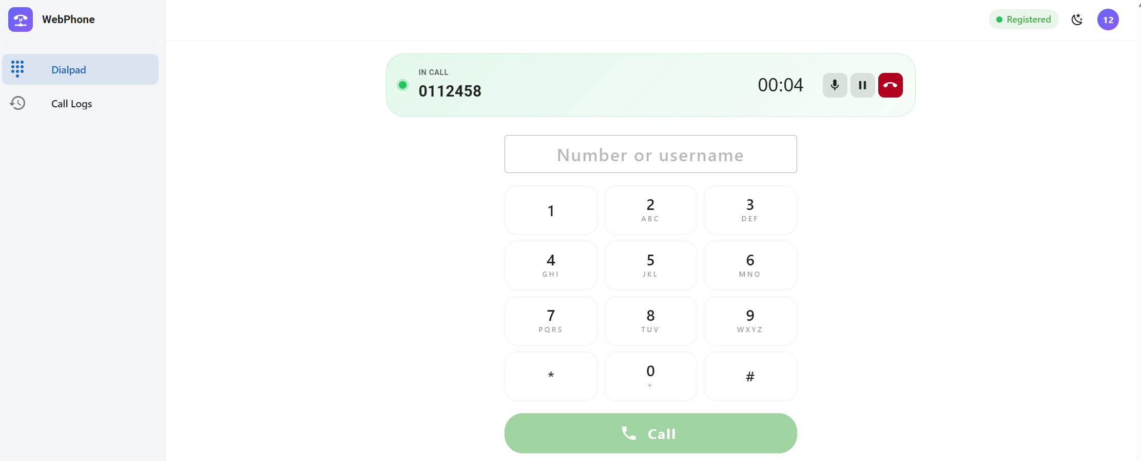 Example of a phone verification call displayed in the WebPhone interface