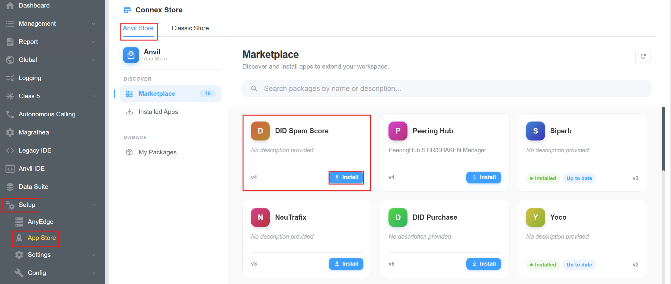 Connex Store marketplace showing the DID Spam Score app and Install button