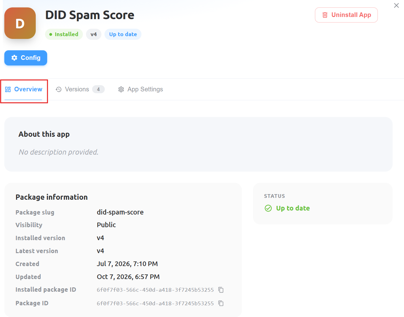 DID Spam Score application Overview showing installation status and package information