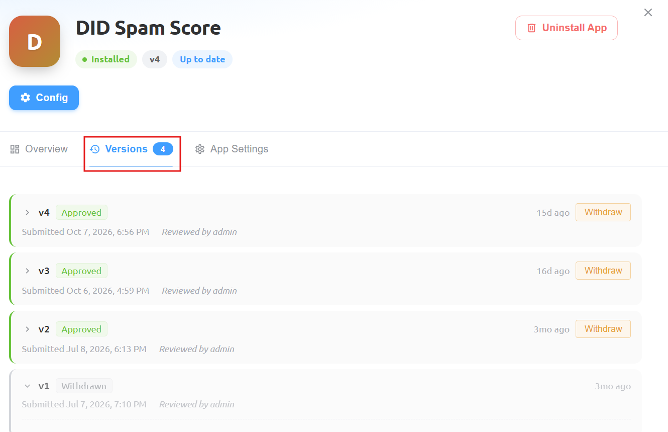 DID Spam Score Versions tab showing approved versions and version history