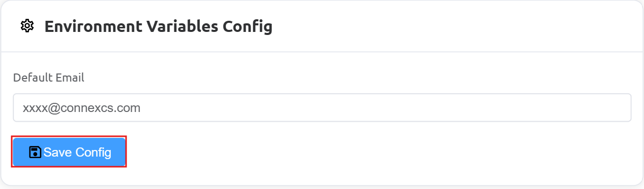 Configuration window showing the Default Email field and Save Config button