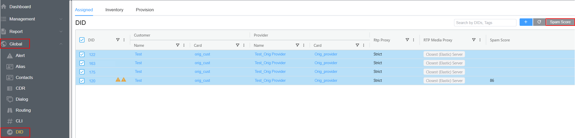 ConnexCS Global DID page showing the DID list and Spam Score button