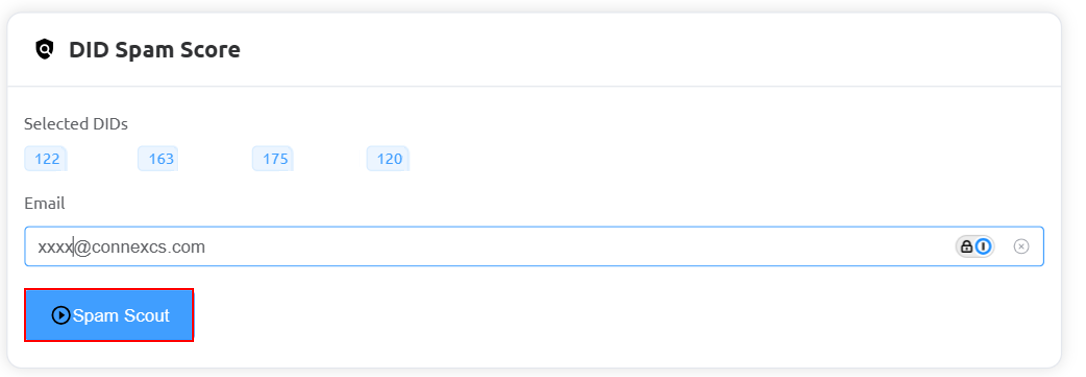 DID Spam Score request window showing selected DIDs, an email field, and the Spam Scout button