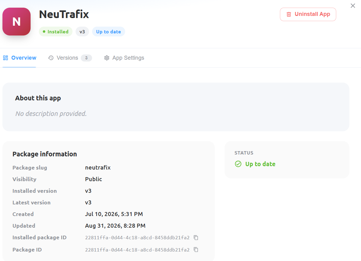 NeuTrafix Overview showing installation status and package information